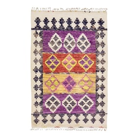 Modern Beige Moroccan Handmade Wool Rug With Allover Geometric Design