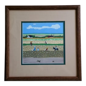 Signed Folk Art Painting – Southern Field Scene With Figures, Donkey & Dog, Framed