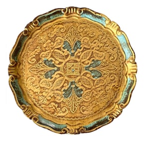 Vintage Italian Florentine Gilt & Turquoise Tray Â‚Ã„Ã® 11" Round