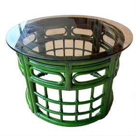 Vintage Green Rattan Smoked Glass Coffee Table – Mid-Century Modern Bohemian Chic