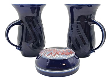 Contemporary Marianne Weinberg Benson Studio Pottery Cobalt Blue Abstract Mugs & Box