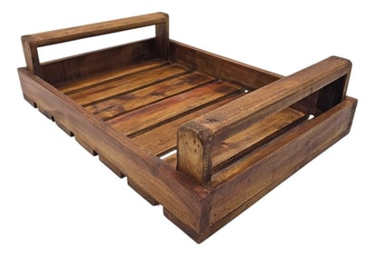 Vintage Teak Wood Slatted Serving Tray Rustic Farmhouse Organic Modern 19"