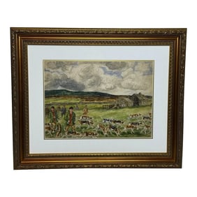 Original Painting C1943 the Badsworth Hunt on Foot, Easingwold: A Wartime Yorkshire Sporting Scene F