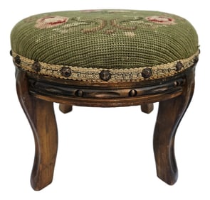 Green Victorian Needlepoint Round Footstool -Colonial Furniture Company