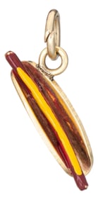 Vintage Hot Dog Charm 14k Yellow Gold Pendant Red Yellow Enamel Food Estate