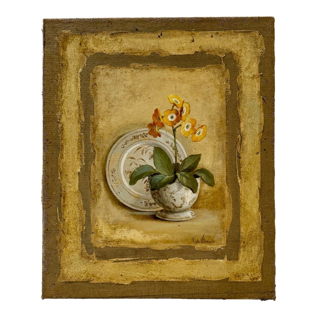 Antique Still Life Painting of Auricula Flowers by F. De Villeneuve, 19th Century French Oil on Canv: A beautifully detailed antique French oil painting on canvas signed F. de Villeneuve, depicting a small bouquet of yellow auricula flowers arranged in a painted creamware vase before a matching plate.