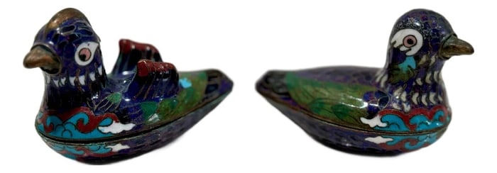 Antique Chinese Cloisonné Bird-Form Lidded Boxes (Pair) Early 20th Century Enamelware