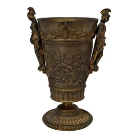 Neoclassical Bronze Trophy Cup With Battle Relief on Marble Base – 5" W X 7" T