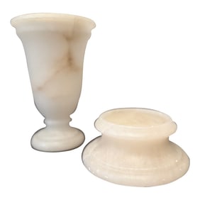 Carved Alabaster Urn Form With Pedestal Base – 9" Tall – Italian