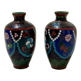 Pair of Vintage Chinese Cloisonné Miniature Vases "” Butterfly & Floral Motifs, Mid-20th