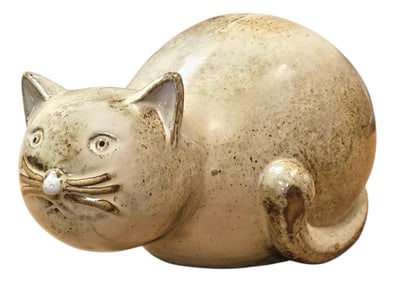 Vintage 1970s Fat Cat Pottery Figurine, Rustic Speckled Ceramic Cat