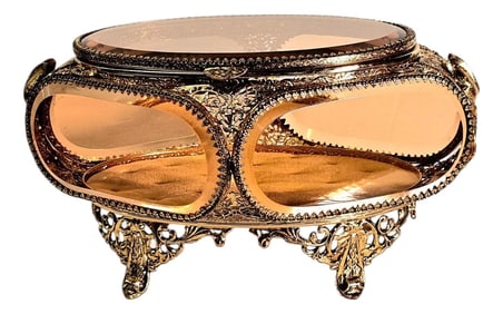 Ormolu Gold Filigree Beveled Glass Jewelry Casket With Lily of the Valley Detail, Mid 20th Century