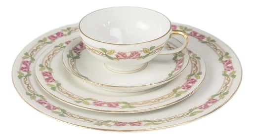 w.m. Guerin Limoges "œRose & Stem" 4-Piece Place Setting, Hand-Gilded French Porcelain Circa
