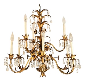 Italian Hollywood Regency Gilt Tole 9-Arm Chandelier With Crystal Drops, 1950s