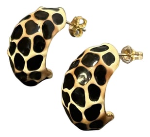 Vintage Kenneth Jay Lane Giraffe Print Enamel Half-Hoop Earrings | 1980s Gold-Tone Statement Jewelry