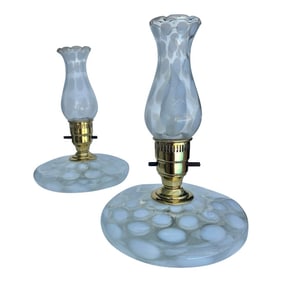 Vintage Pair of White Coin Dot Glass Pancake Fenton Boudoir Style Lamp - 2