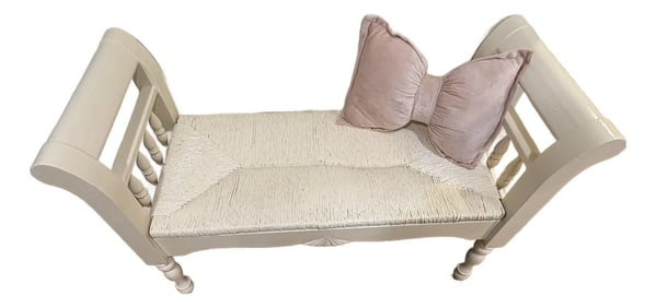 Vintage French Farmhouse Rush Weave Jute Tailored Bench