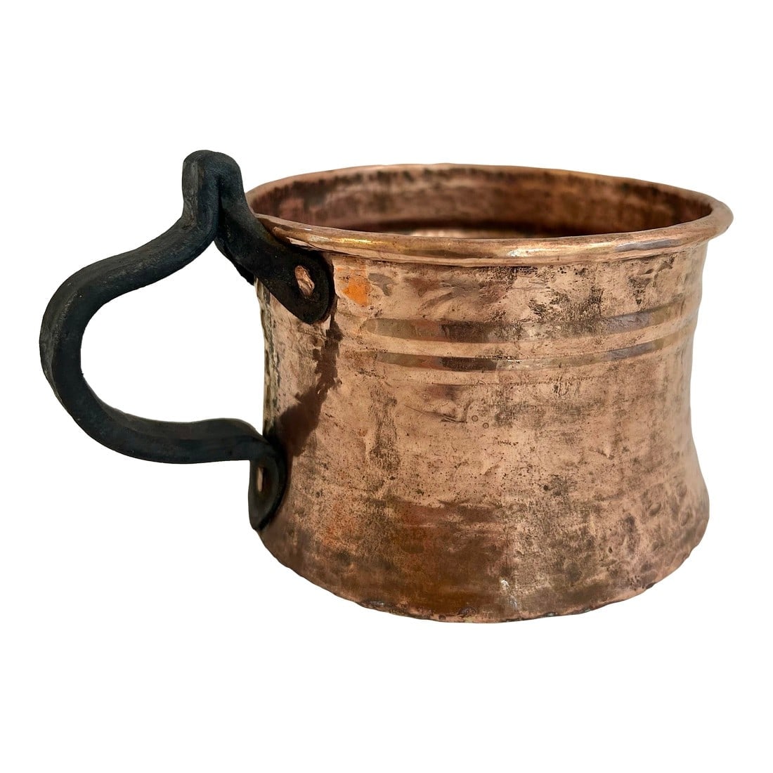 Antique Copper Dipper With Forged Iron Handle: This copper piece hails from the late 1800's - early 1900's and is most likely Ottoman/Balkan in origin. The handle is forged iron and riveted with copper. This was used in middle eastern cookware as