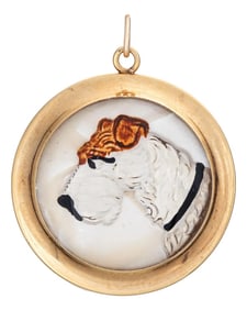 Antique Essex Crystal Fox Terrier Pendant 14k Yellow Gold Charm Dog Jewelry