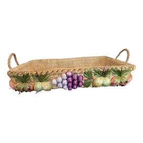 Vintage Woven Straw Bread Basket With Perimeter Fruit, Lined