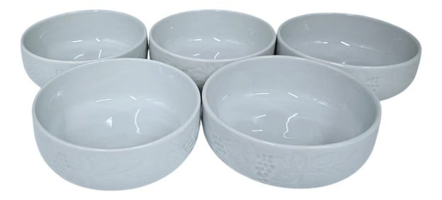 VTG Korean Celadon Blue Soup Salad Bowls Grapes/Grape Leaf Pattern 5 Pc