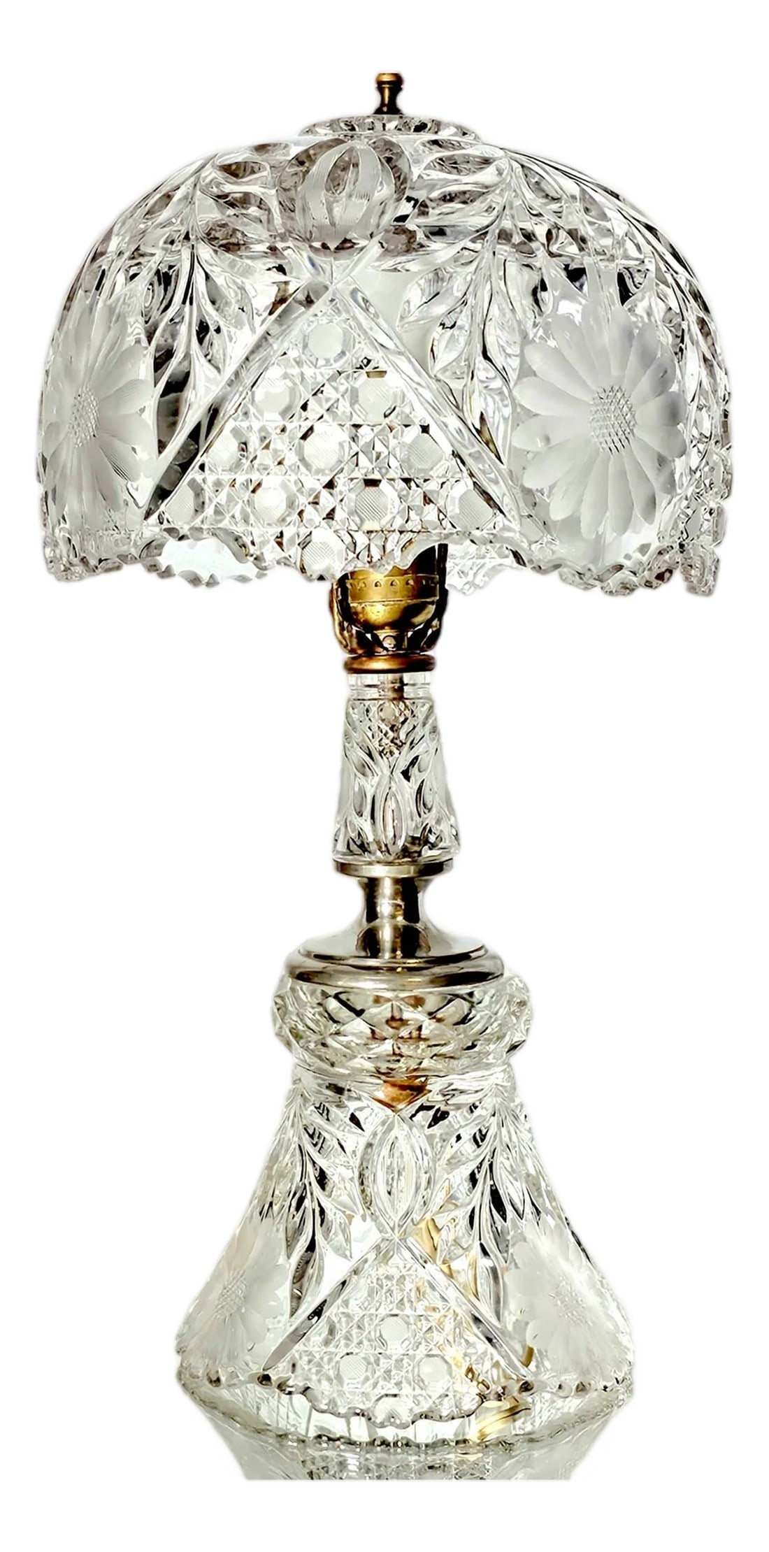 Mid-Century Cut Crystal Table Lamp With Molded Brilliant Revival Shade: This mid-20th-century crystal lamp exemplifies the American Brilliant Revival period, when manufacturers blended molded crystal blanks with precision wheel-cut detailing to achieve dramatic brilliance