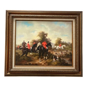 Vintage English Fox Hunting Oil Painting in Gilded Frames – Traditional Equestrian Sporting