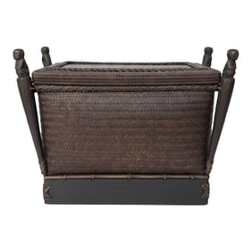 Chic Vintage Maximalist Tribal Rattan Storage Trunk / Japandi Coffee Table With Carved Guardians