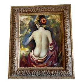 Vintage Framed Oil Painting of Nude Woman