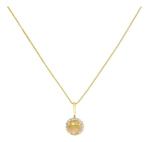 10K Yellow Gold Opal and 1/10 Cttw Diamond Accent Halo Pendant Necklace