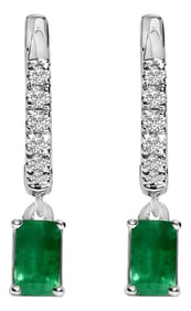 10K White Gold Oval Green Emerald and 1/8 Cttw Diamond Drop Earrings, A Pair