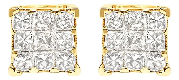 14K Yellow Gold 1/2 Cttw Invisible Set Princess-Cut Diamond 9 Stone Square Stud Earrings (J-K Color,