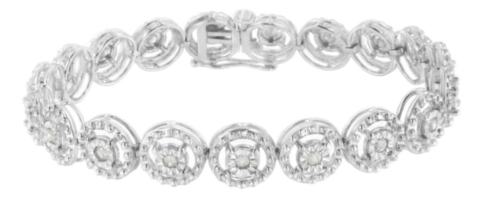 .925 Sterling Silver 1.0 Cttw Diamond Nested Circle Miracle Set Open Wheel 7" Fashion Link Bracelet