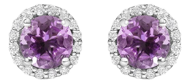 10K White Gold Purple Amethyst and 1/6 Cttw Diamond Halo Stud Earring