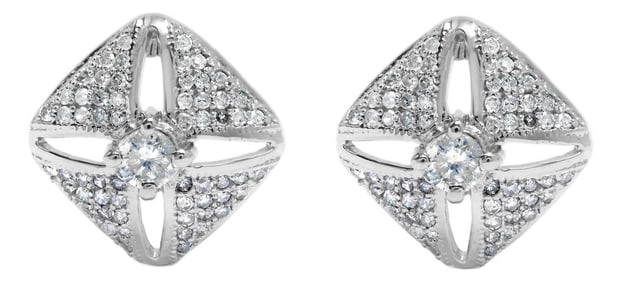 .925 Sterling Silver 1.0 Cttw Diamond Studded Rhombus Stud Earrings, A Pair (H-I Color, I2-I3 Clarit