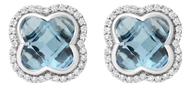 18K White Gold 3/8 Cttw Diamond and 11x11mm Clover-Cut London Blue Topaz Gemstone Halo Clover Stud E