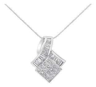 14k White Gold 2 1/10 Cttw Princess and Baguette Geometric Designed Diamond Pendant Necklace (G-H Co
