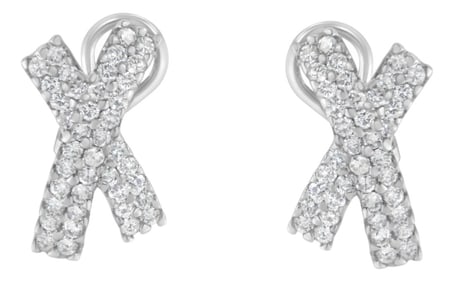 14K White Gold 2.0 Cttw Round-Brilliant Cut Diamond Domed X Shaped Omega Back Stud Earrings (H-I Col