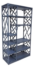Vintage Turtle and Crane Bespoke Rattan Lapis Trellis Etagère | Hollywood Regency Chippendale