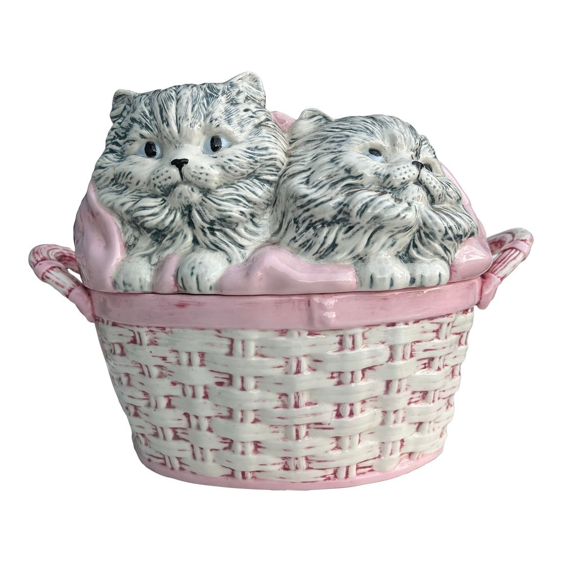 Vintage Ceramic Cats Knitting Box: Vintage Handmade Ceramic box. The cutest large ceramic box with two Persian kittens in a basket. This piece is customized with holes in the lid for knitting needles, scissors, and yarn. Great item to