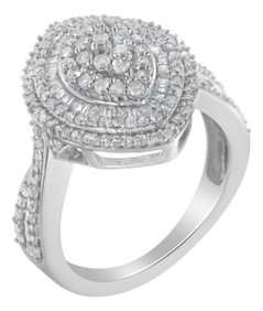 .925 Sterling Silver 1.0 Cttw Round & Baguette-Cut Diamond Marquise-Shaped Cluster Triple Stepped Ha