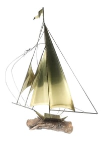 Vintage Brass Wood & Copper Artisan Sailboat Sculpture