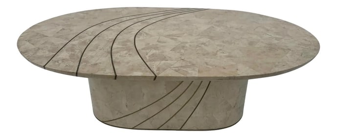 Italian Tessellated Stone and Brass Inlay Oval Coffee Table