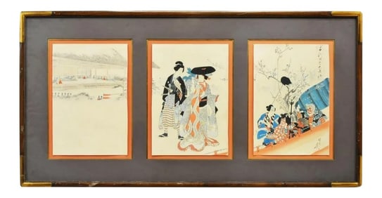 Late 19th Century Japanese Ukiyo-E Woodblock Triptych Print by Toyohara Yoshu Chikanobu, Framed