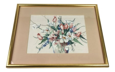 Vintage Needlepoint Framed Flower Boutique With Vase
