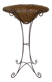 Tall Vintage Wrought Iron Metal and Wicker Rattan Plant Stand or Jardiniere