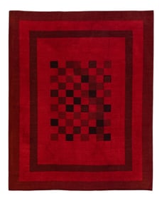 Modern Kilim Flatweave Chess Pattern Red Wool Rug