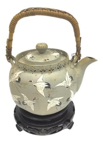 Antique Japanese Satsuma Earthenware Clay Porcelain Crane Decorated Teapot With Stand