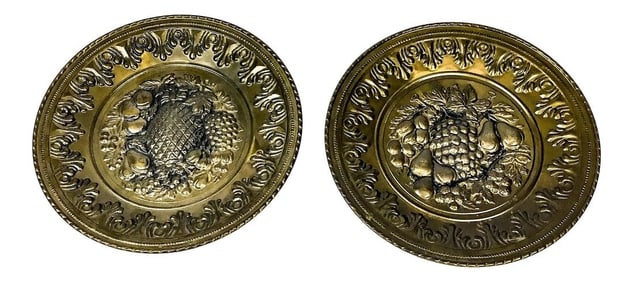 Vintage England Brass Pineapple Pear Grapes Decorative Wall Plates - a Pair