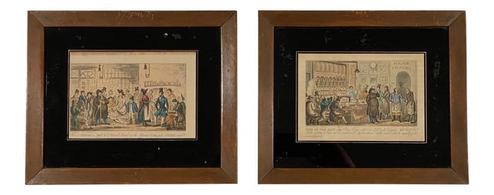 Early 19th Century Cruikshank Figurative Colored Etchings, Framed - a Pair